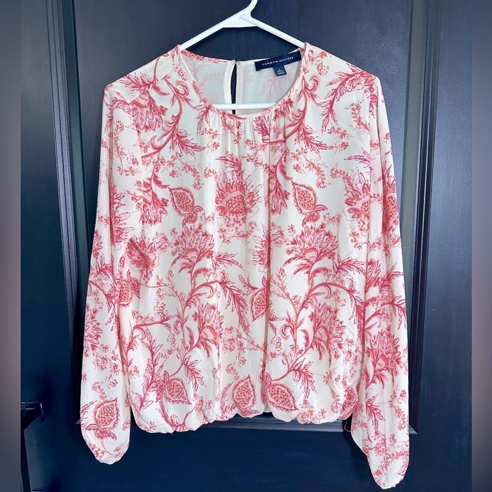 Tommy Hilfiger floral pink coral sheer lined sleeve elastic waist blouse Small